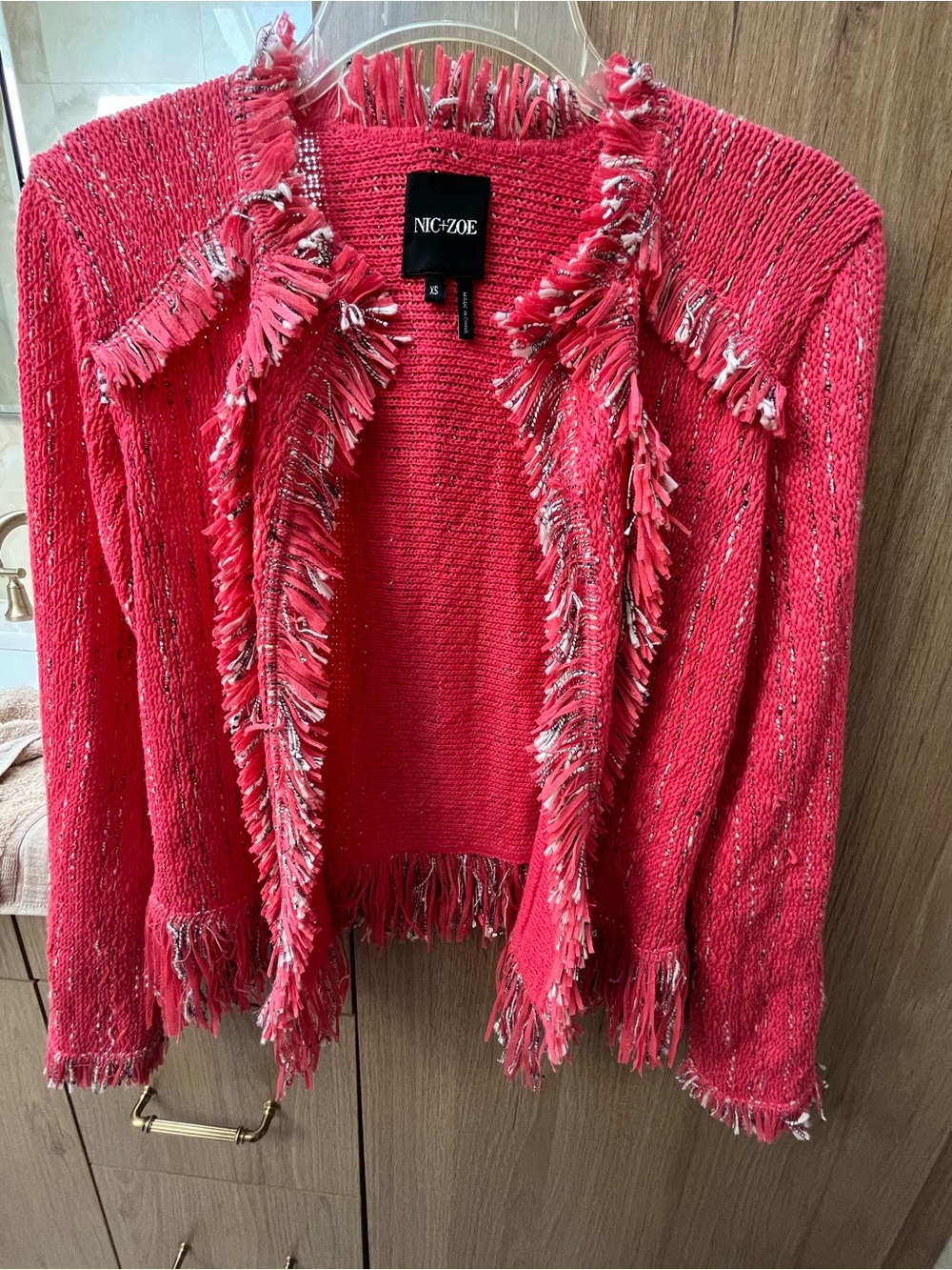 NIC+ZOE Vibrant Pink Fringe Knit Jacket Size: XS